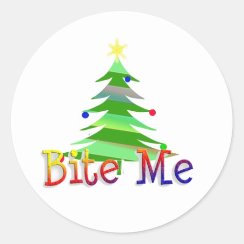 Funny Humorous Bite Me Christmas Tree Classic Round Sticker