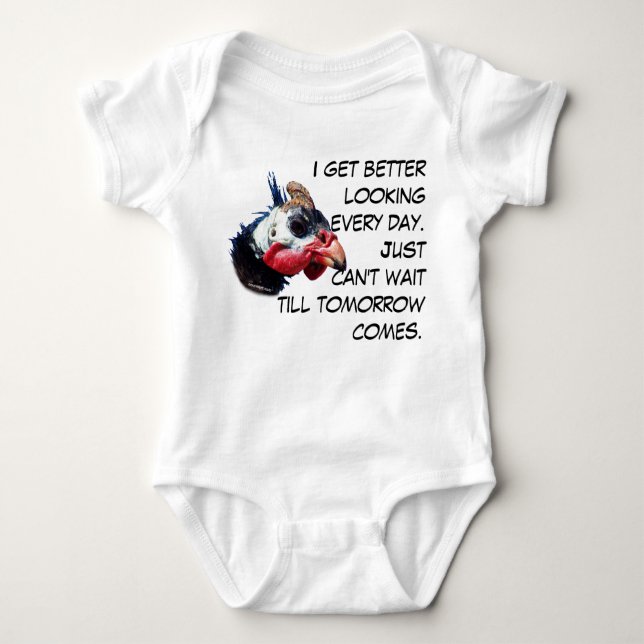 Funny humorous getting better looking text baby bodysuit (Front)