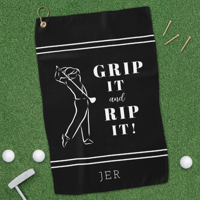 Funny Humorous Golf Grip It Rip Mens Black Custom Towel (Funny Humorous "Grip It & Rip It!" Custom Men's Black & White Golf Towel Unique Golfer Gift For Him.)