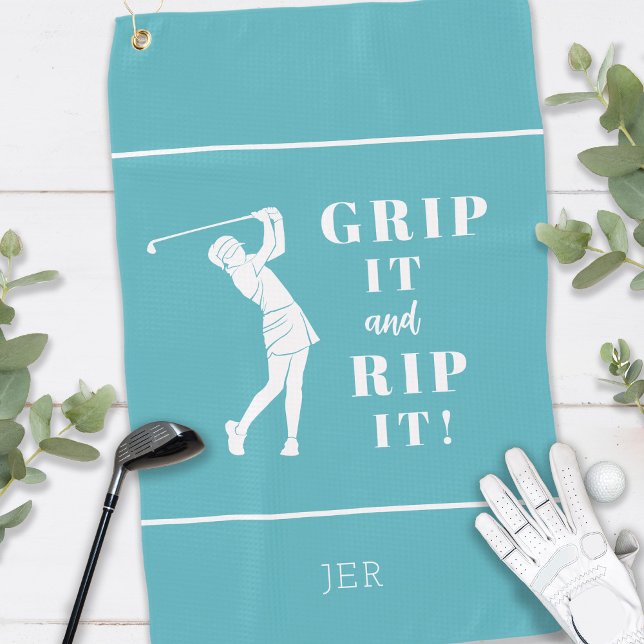 Funny Humorous Golf Grip Rip Ladies Custom Teal Golf Towel (Creator Uploaded)
