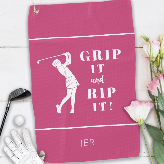 Funny Humorous Golf Grip Rip Ladies Pink Custom Golf Towel (Creator Uploaded)