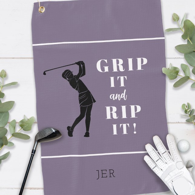 Funny Humorous Golf Grip Rip Ladies Purple Black Towel (Creator Uploaded)
