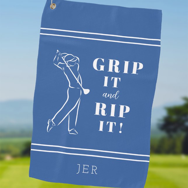Funny Humorous Golf Grip Rip Mens Blue Custom Towel (Creator Uploaded)