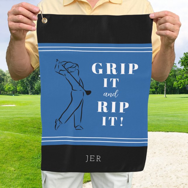 Funny Humorous Golf Grip Rip Mens Royal Blue Black Towel (Creator Uploaded)