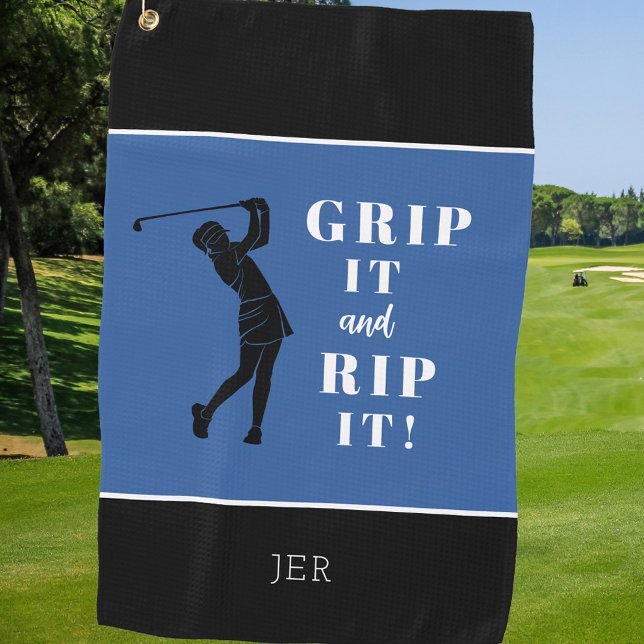 Funny Humorous Ladies Golf Grip Rip Blue Black Golf Towel (Funny Humorous Ladies Golf Grip Rip Blue Black Golf Towel)