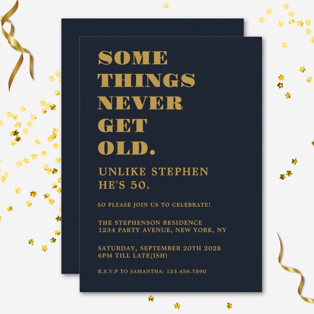 Funny Humorous Navy Blue Gold Birthday Party Invitation (Creator Uploaded)