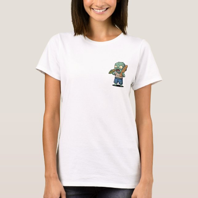 Funny Hungry Cartoon Zombie Holding Corn and Bague T-Shirt (Front)