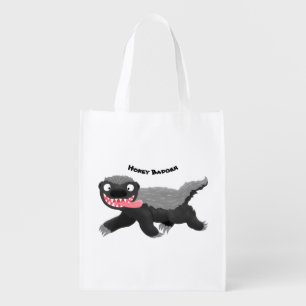 Funny hungry honey badger cartoon illustration grocery bag
