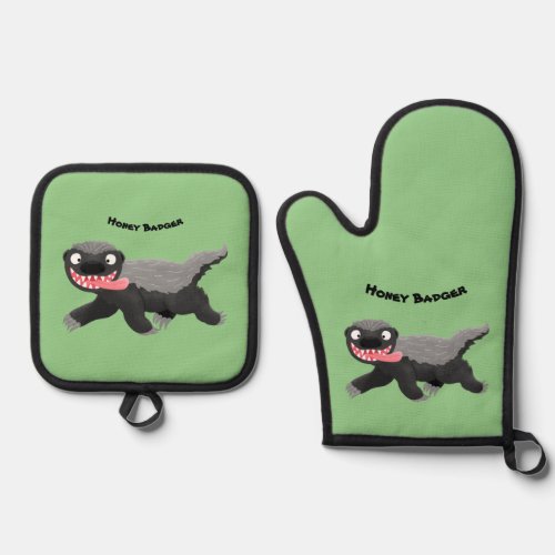 Funny hungry honey badger cartoon illustration oven mitt  pot holder set