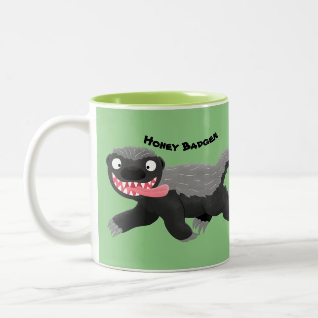 Funny hungry honey badger cartoon illustration Two-Tone coffee mug (Left)