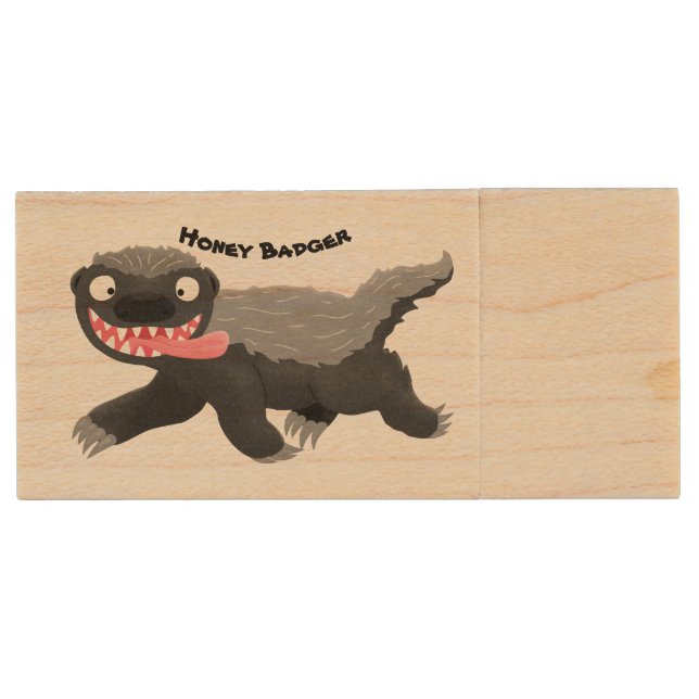 Funny hungry honey badger cartoon illustration wood flash drive (Front)