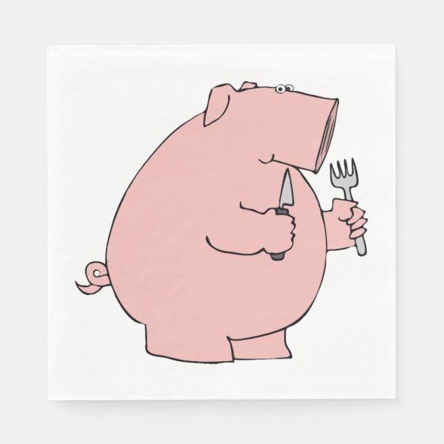 Funny Hungry Pig Holding Fork and Knife Napkins (Front)