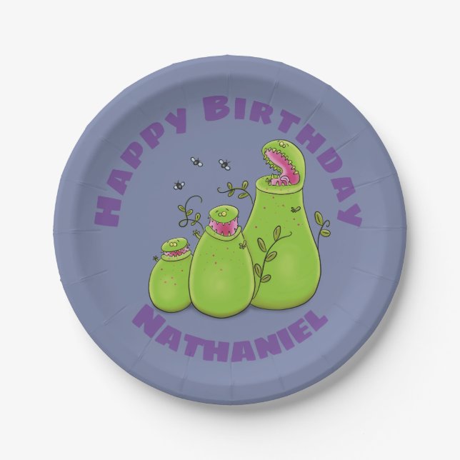 Funny hungry pitcher plants cartoon illustration paper plates (Front)