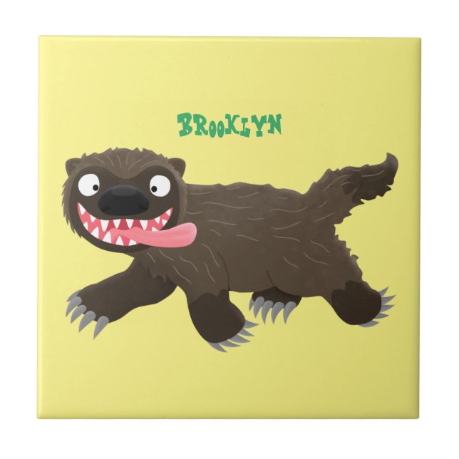Funny hungry wolverine animal cartoon  ceramic tile (Front)