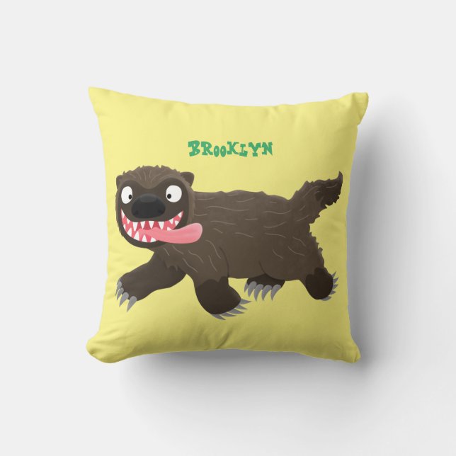 Funny hungry wolverine animal cartoon throw pillow (Front)