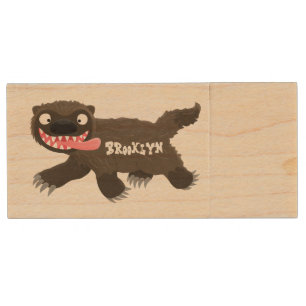 Funny hungry wolverine animal cartoon wood flash drive