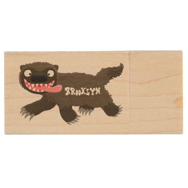 Funny hungry wolverine animal cartoon wood flash drive (Front)