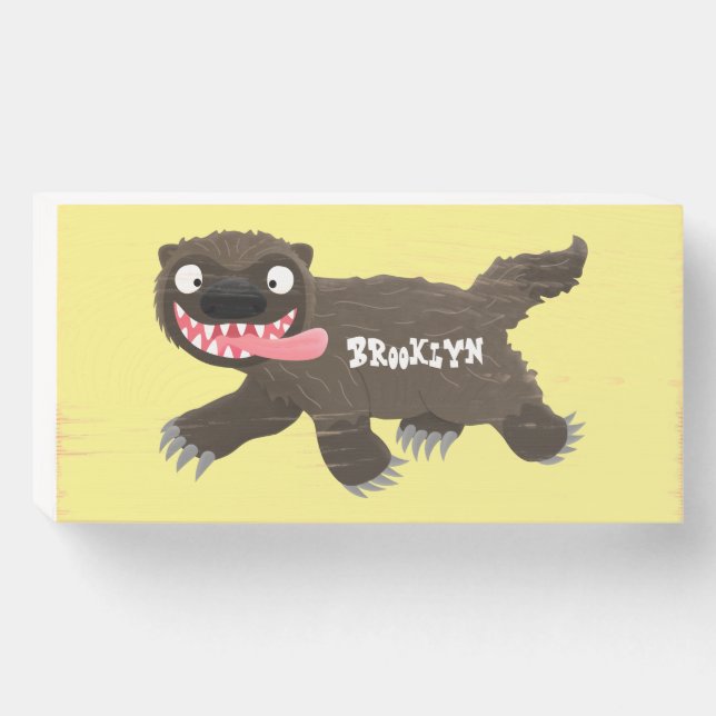 Funny hungry wolverine animal cartoon wooden box sign (Front Horizontal)