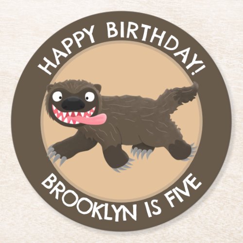 Funny hungry wolverine personalized birthday round paper coaster