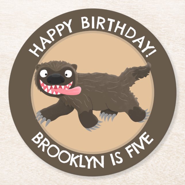 Funny hungry wolverine personalized birthday round paper coaster (Front)