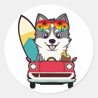 Funny Husky Dog is driving to the beach Classic Round Sticker