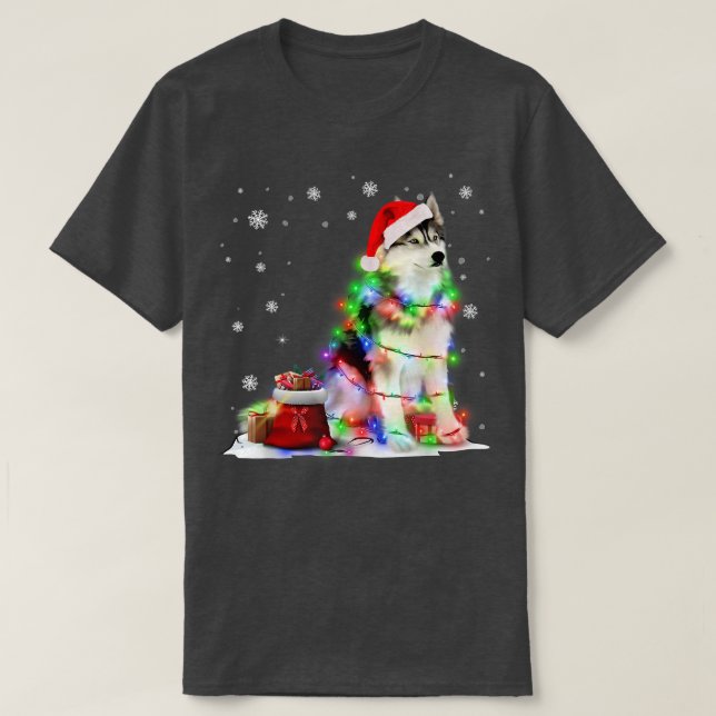 Funny Husky Dog Tree Christmas Lights Xmas Pajama  T-Shirt (Design Front)