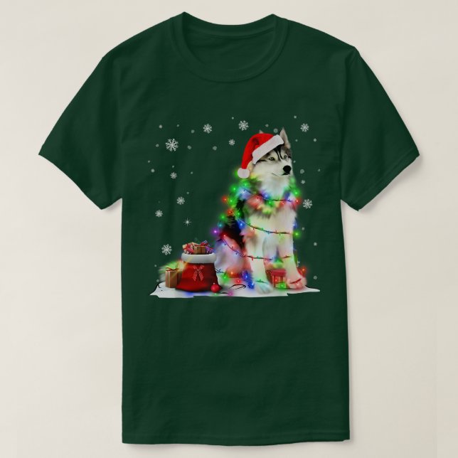 Funny Husky Dog Tree Christmas Lights Xmas Pajama  T-Shirt (Design Front)
