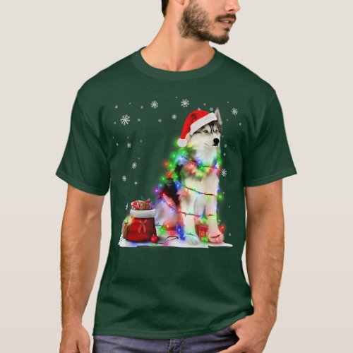 Funny Husky Dog Tree Christmas Lights Xmas Pajama  T_Shirt
