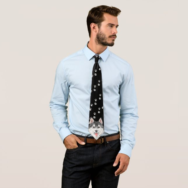 Funny Husky ties with Dog Paws Steps Pet Black tie (In Situ)