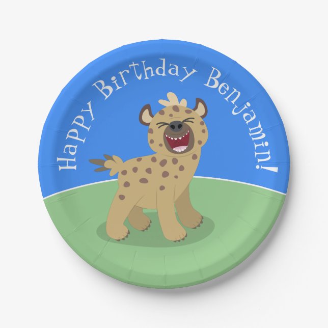 Funny hyena laughing personal cartoon birthday paper plates (Front)