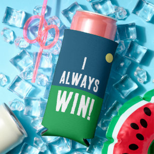 Funny "I Always Win!" Blue & White Golfing Seltzer Can Cooler
