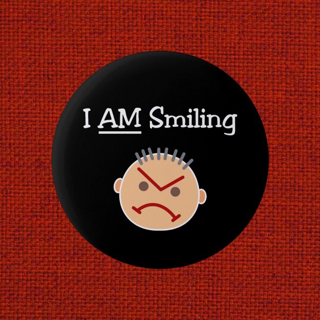 Funny I AM Smiling Grouchy Angry Crabby Guy Dark Button (Creator Uploaded)