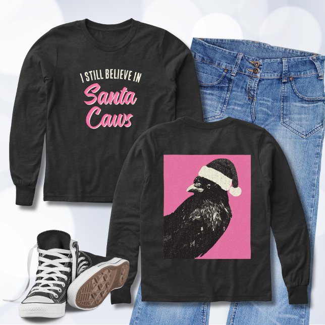 Funny I Believe in Santa Caws Long-sleeved Tri-Blend Shirts (A pink and black girls' longsleeve t-shirt perfect for the holiday season features Santa Caws!)