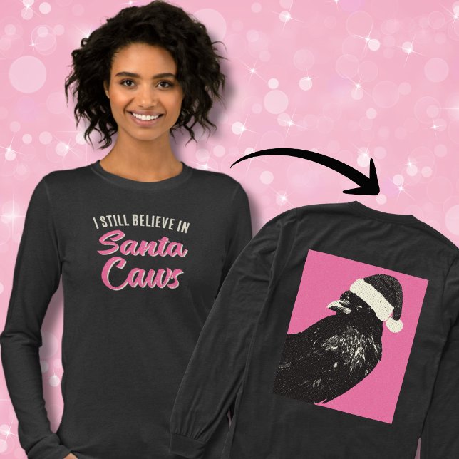 Funny I Believe Santa Caws Christmas Long-sleeved Tri-Blend Shirt (A pink and black women's longsleeve t-shirt perfect for the holiday season features Santa Caws!)