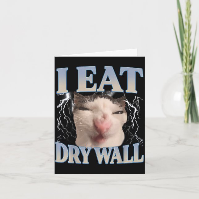 Funny I Eat Dry Wall Silly Cat Meme Men Women Kids Card (Front)