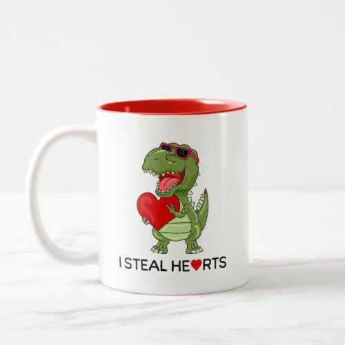 Funny I Steal Hearts Cute Dinosaur Valentines Two_Tone Coffee Mug