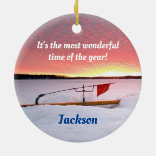 Funny Ice Fishing Holiday Ceramic Ornament