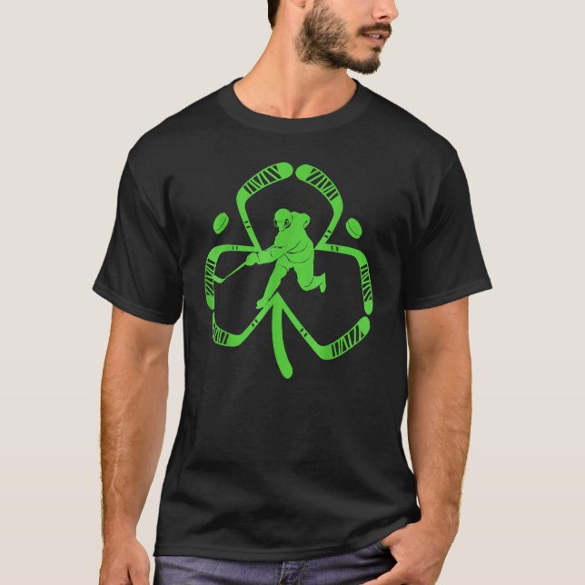 Funny Ice Hockey Sticks St Patrick's Day Shamrock T-Shirt (Front)