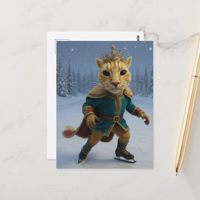 Funny Ice Skating Cat King Postcard (Front/Back In Situ)
