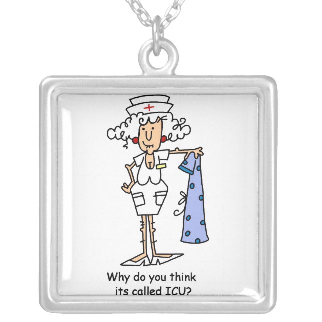 Funny ICU Nurse T-shirts and Gifts Silver Plated Necklace (Front)