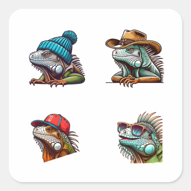 Funny Iguana Cartoon Art 4 Pack Stickers (Front)