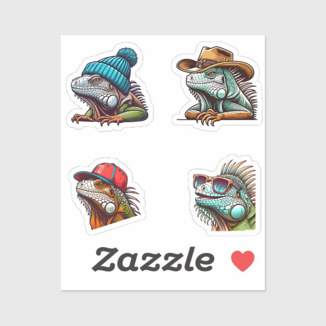 Funny Iguana Cartoon Art 4 Pack Stickers (Sheet)