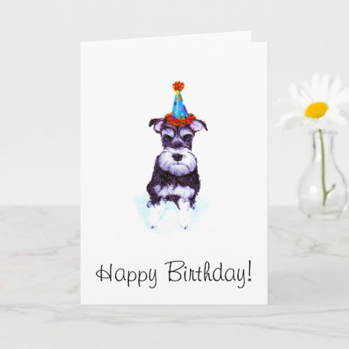 Funny illustrated schnauzer puppy party hat card