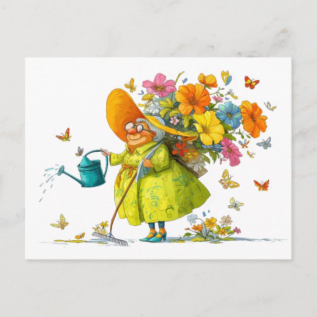 Funny illustration of grandma gardening flowers holiday postcard (Front)