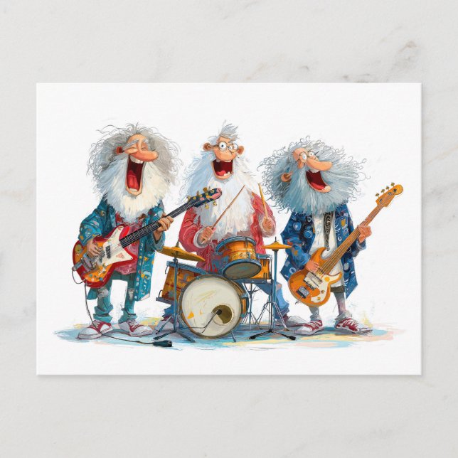 Funny illustration of seniors playing rock music holiday postcard (Front)