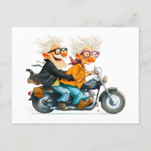 Funny illustration of seniors riding motorcycle holiday postcard