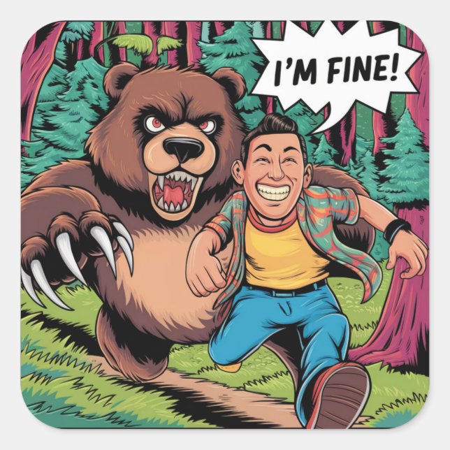 Funny "I'm Fine" Cartoon Illustration Square Sticker (Front)