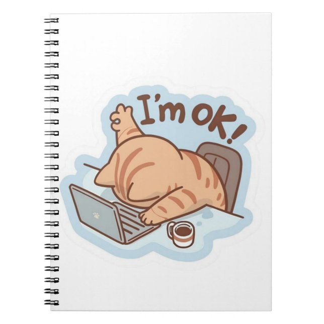 Funny "I'm OK" Tired Cat Notebook - Relatable Work (Front)