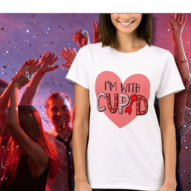 Funny I'm With Cupid Red Fancy Script Pink Heart T-Shirt (Creator Uploaded)