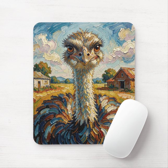 Funny Impasto Ostrich on a Ranch  Mouse Pad (With Mouse)